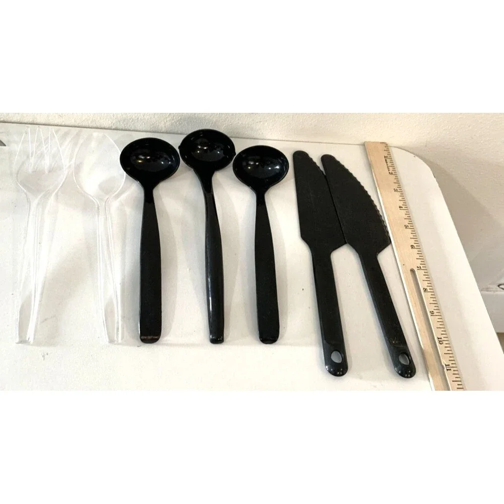 Black Plastic Picnic Serving Utensils Set of 3 Scoops, 2 Slicers 1 Ea Spoon/ForK